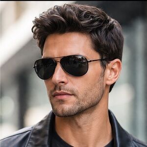 Porsche Design aviator sunglasses with sleek black metal frame and dark lenses.
